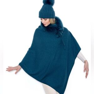 Teal Faux Fur Trim Poncho Sweater